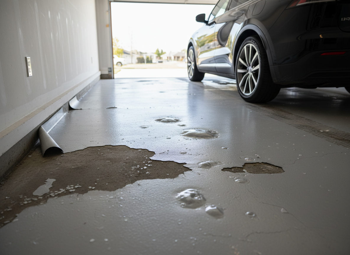 Failing epoxy garage floor showing severe peeling, delamination, and moisture bubbles near the wall, illustrating coating failure caused by poor concrete prep and vapor pressure.