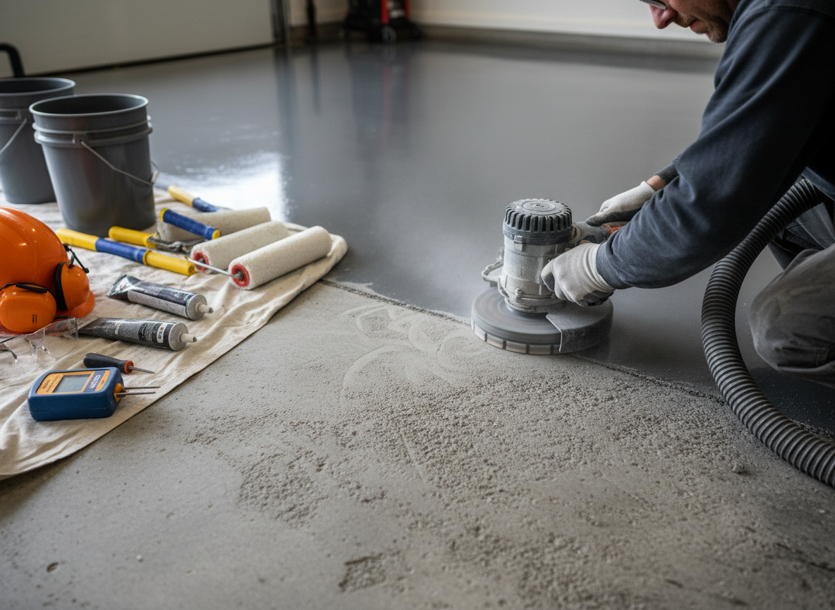 Professional concrete grinding for epoxy floor preparation, featuring a digital moisture meter and coating tools to ensure proper bonding in Virginia garages.