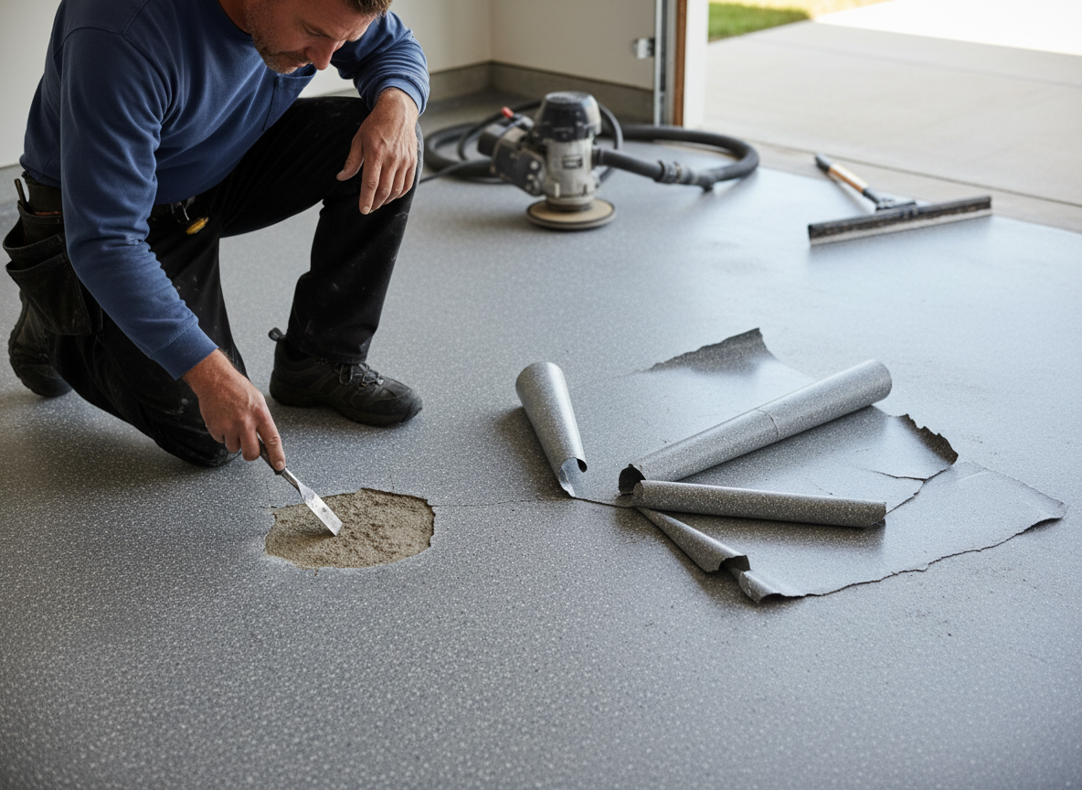 Worker scraping concrete floor next to rolled-up pieces of peeling grey coating.