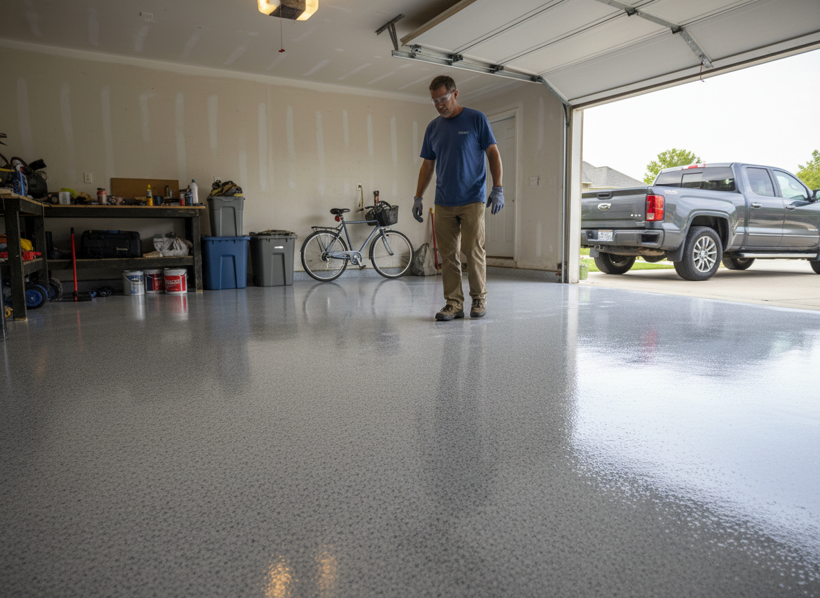 Epoxy Floor Cure Time: Why Waiting Before Parking Matters Worker inspecting freshly applied epoxy garage floor coating with glossy, speckled finish before vehicle parking.
