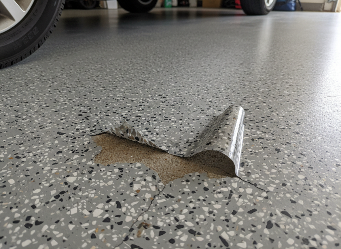 Peeling, cracked speckled epoxy garage floor exposing concrete.