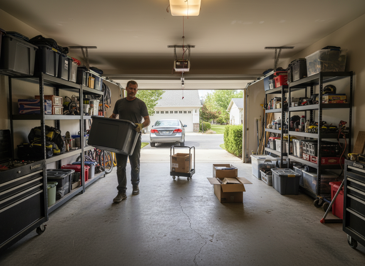 Preparing Your Garage for Epoxy Floor Installation: What to Move Homeowner clearing garage with storage shelves and boxes before epoxy floor coating installation.