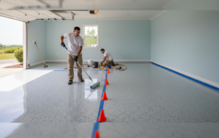 Two professionals rolling a clear coat on a speckled epoxy garage floor, with orange cones marking the wet section.