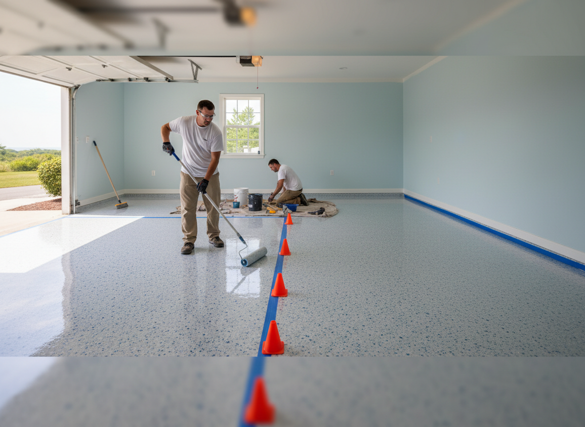 Two professionals rolling a clear coat on a speckled epoxy garage floor, with orange cones marking the wet section.