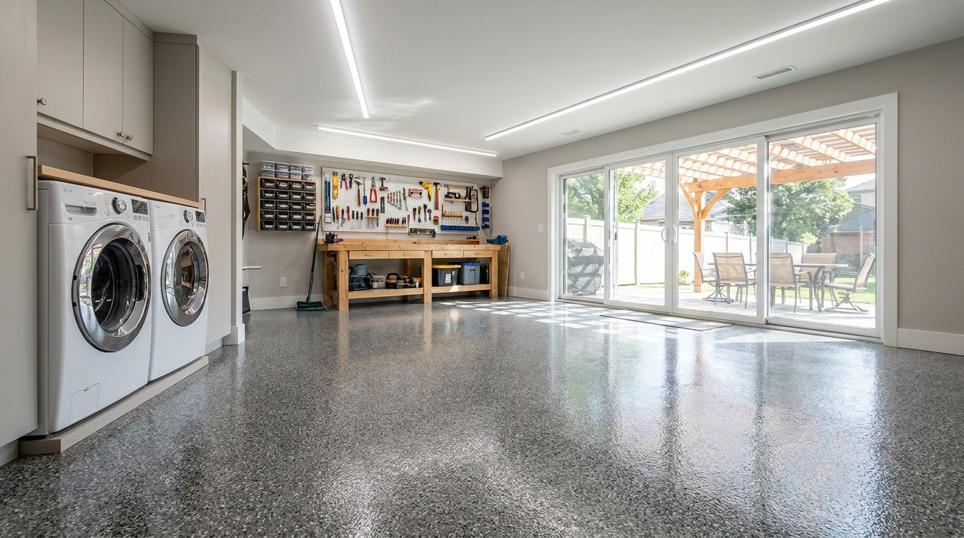 Gray flake basement floor epoxy coating in a finished workshop, with a laundry area and covered patio doors beyond
