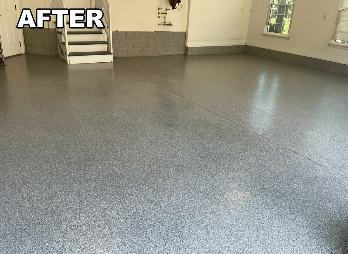 Finished gray flake epoxy garage floor with a control joint running across it, next to white stairs