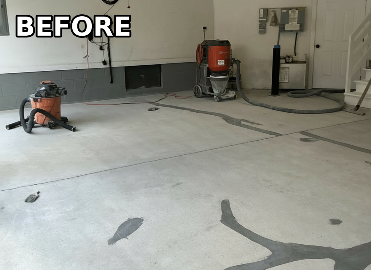 Bare concrete garage slab ground and prepped for epoxy, with dark patched cracks and a dust extractor