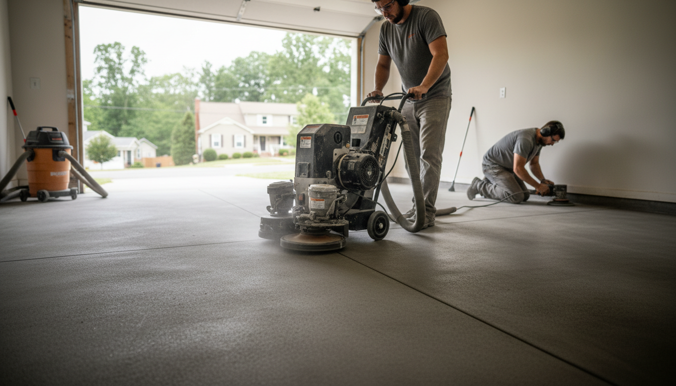 Contractor diamond grinding a Virginia garage concrete floor with a walk-behind grinder and vacuum while edge grinding near the wall to create a strong epoxy bond.